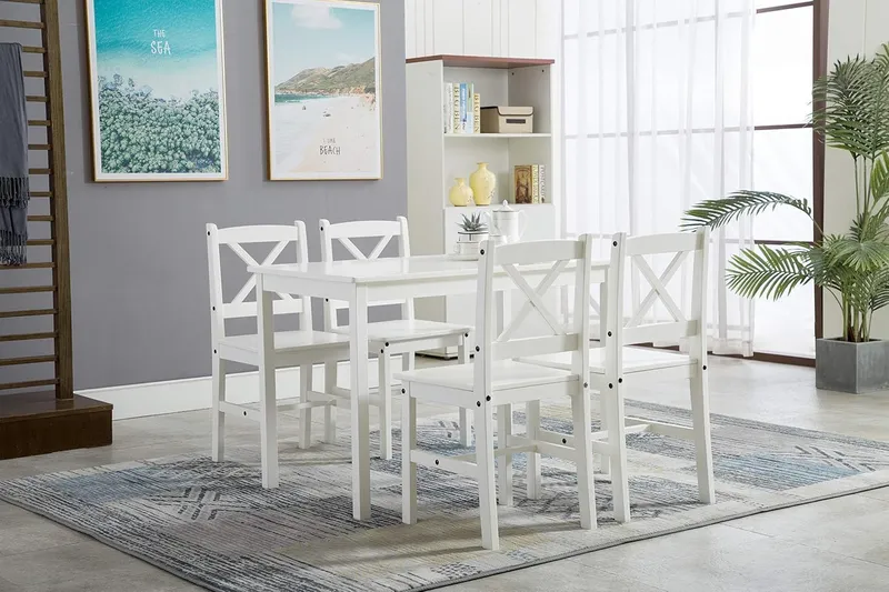 Mcc Direct Classic Solid Wooden Dining Table and 4 Chairs Set Kitchen Home White