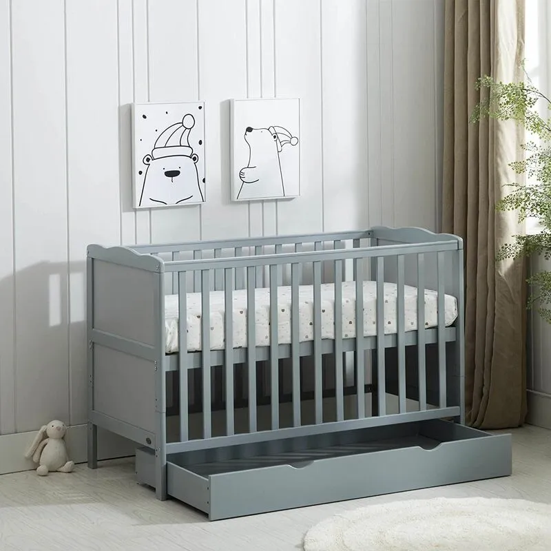Mcc Direct Wooden Baby Cot Bed & Drawer & Aloe Vera Mattress (Orlando with Drawer) Grey