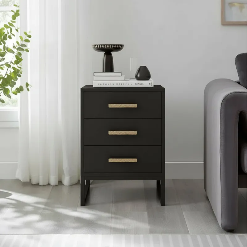 Melody Maison Black 3 Drawer Bedside Table - Luna Black Range Black