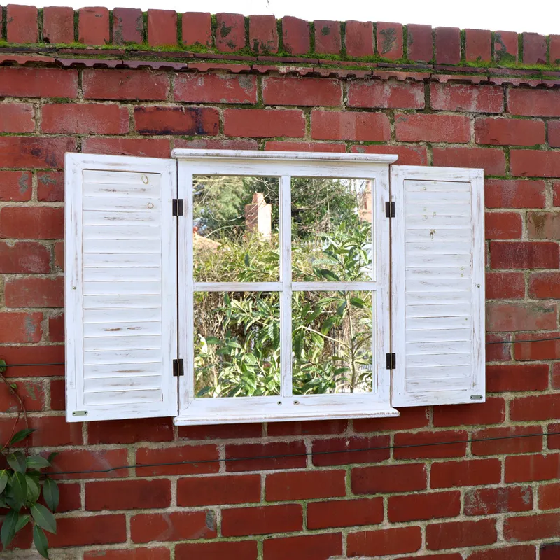 Distressed Ivory Shutter Style Garden Wall Mounted Mirror 60cm x 70cm Material: Garden