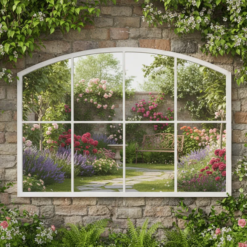 Distressed White Arched Window Wall Mirror - 100cm x 70cm Material: Garden
