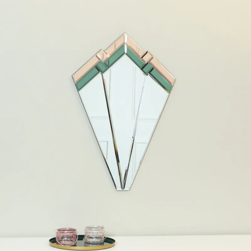 Green & Pink Glass Art Deco Fan Wall Mirror 60cm x 40cm Material: Mirrors