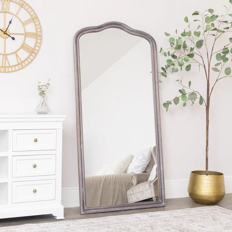 Large Arched Washed Wooden Framed Leaner Mirror - 78cm x 158cm Material: New Products