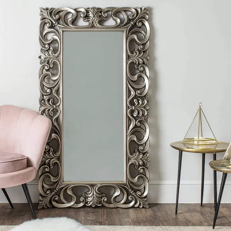 Large Baroque-style Silver Wall / Floor Mirror 90cm x 168cm Material: Mirrors