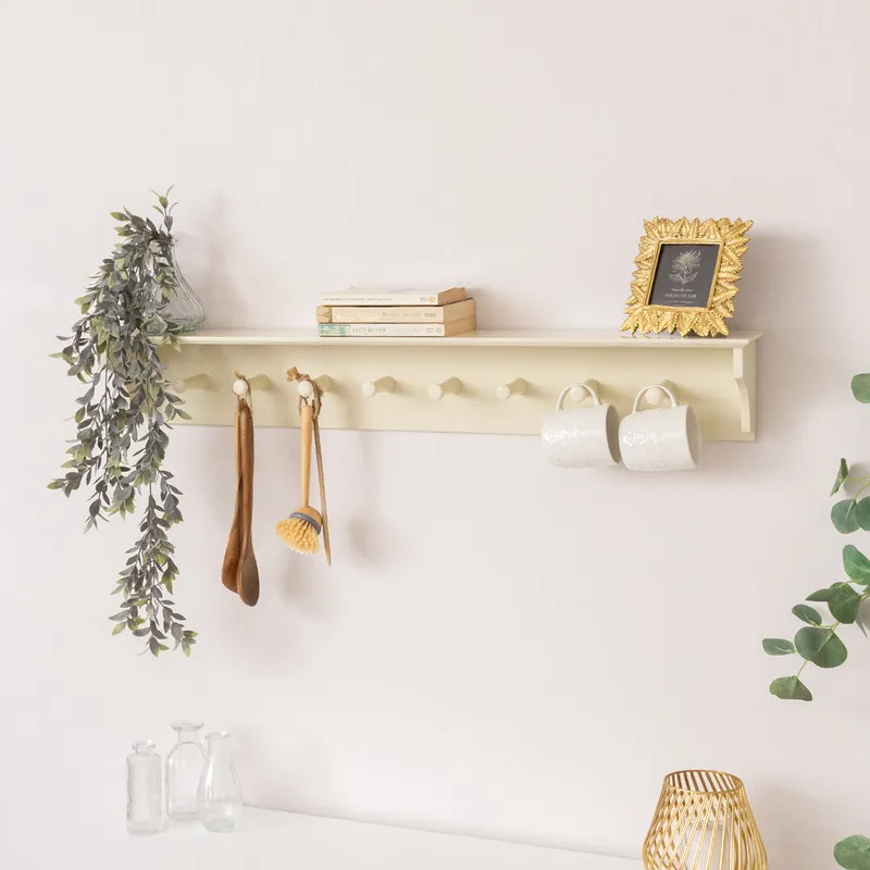 Melody Maison Large Ivory Wooden Wall Shelf With Hooks - 100cm Ivory