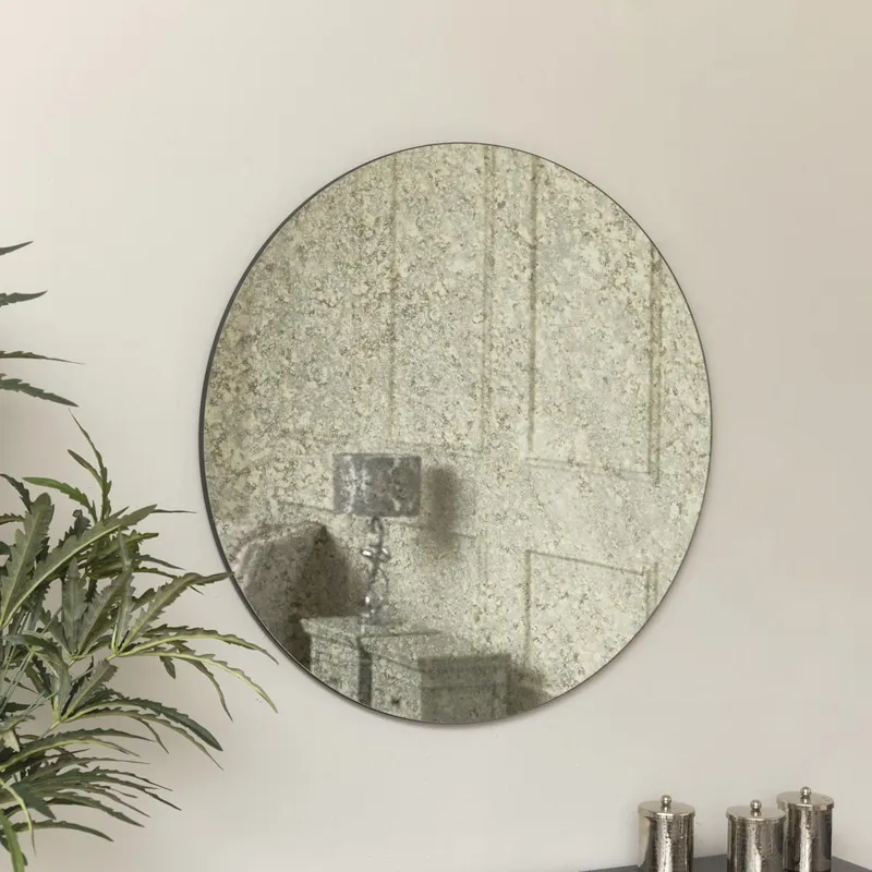 Large Round Silver Antique Glass Mirror 80cm x 80cm Material: Mirrors