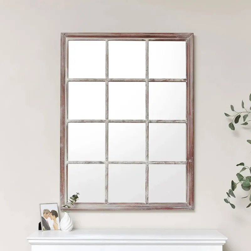 Large Rustic Wooden Window Wall Mirror 120cm x 90cm Material: Garden