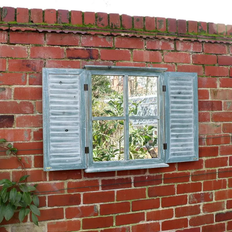Melody Maison Distressed Green Shutter Style Garden Wall Mounted Mirror 60cm X 70cm Size: 60 cm X 70 cm Green 60 cm X 70 cm