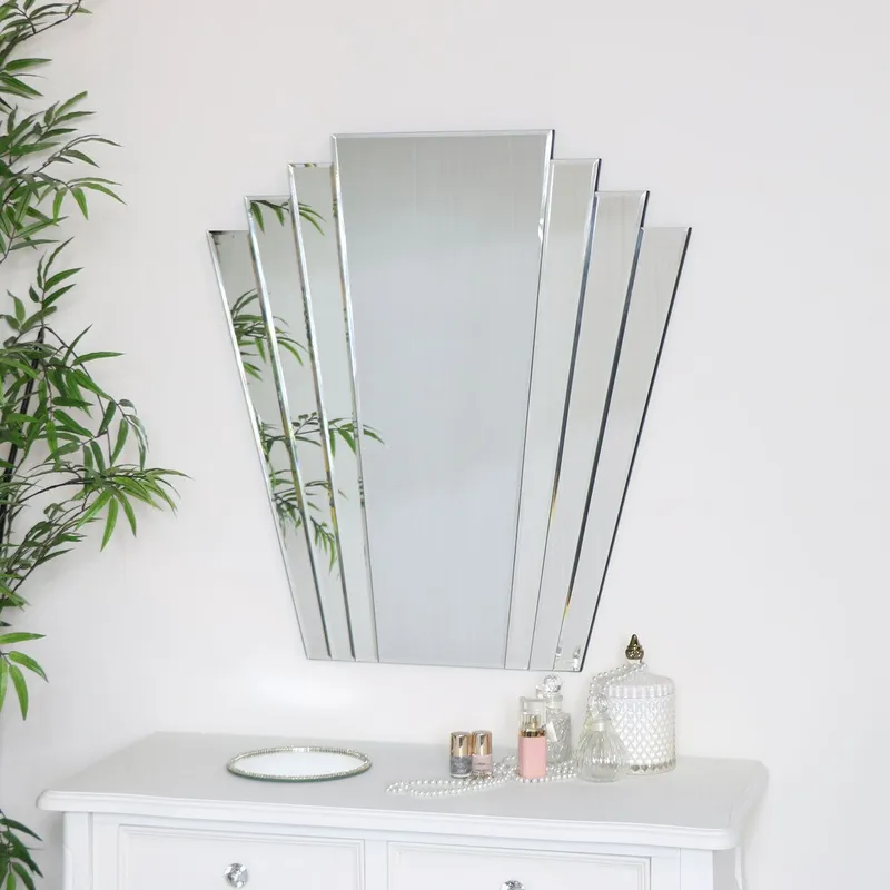 Melody Maison Large Art Deco Fan Frameless Wall Mirror in Clear Clear
