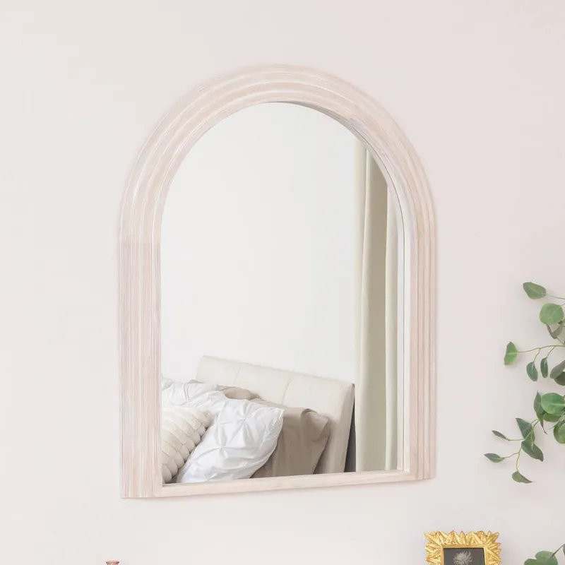 Melody Maison Large White Washed Wood Arched Wall Mirror - 90cm X 75cm Size: 90 cm X 75 cm White 90 cm X 75 cm
