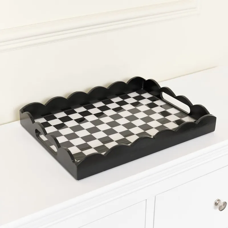Melody Maison Rectangle Black Monochrome Checked Scalloped Tray Black