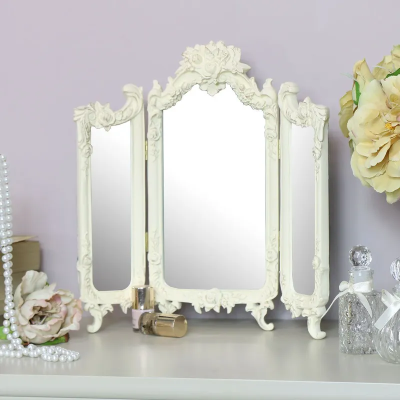 Melody Maison Small Ornate Cream Rose Triple Mirror - 38cm X 38cm Size: 38 cm X 38 cm Cream 38 cm X 38 cm