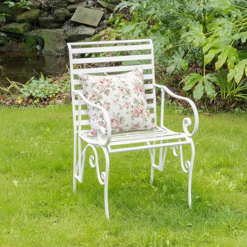 Ornate Metal Distressed White Garden Chair - 55cm x 92cm Material: Garden