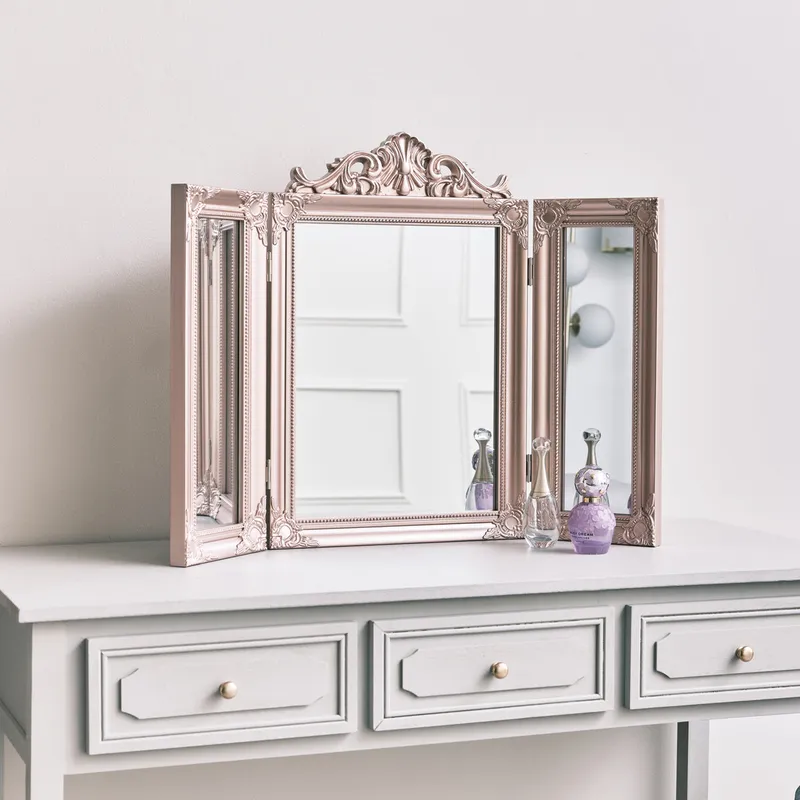 Rose Gold Pink Ornate Dressing Table Triple Mirror Material: Mirrors