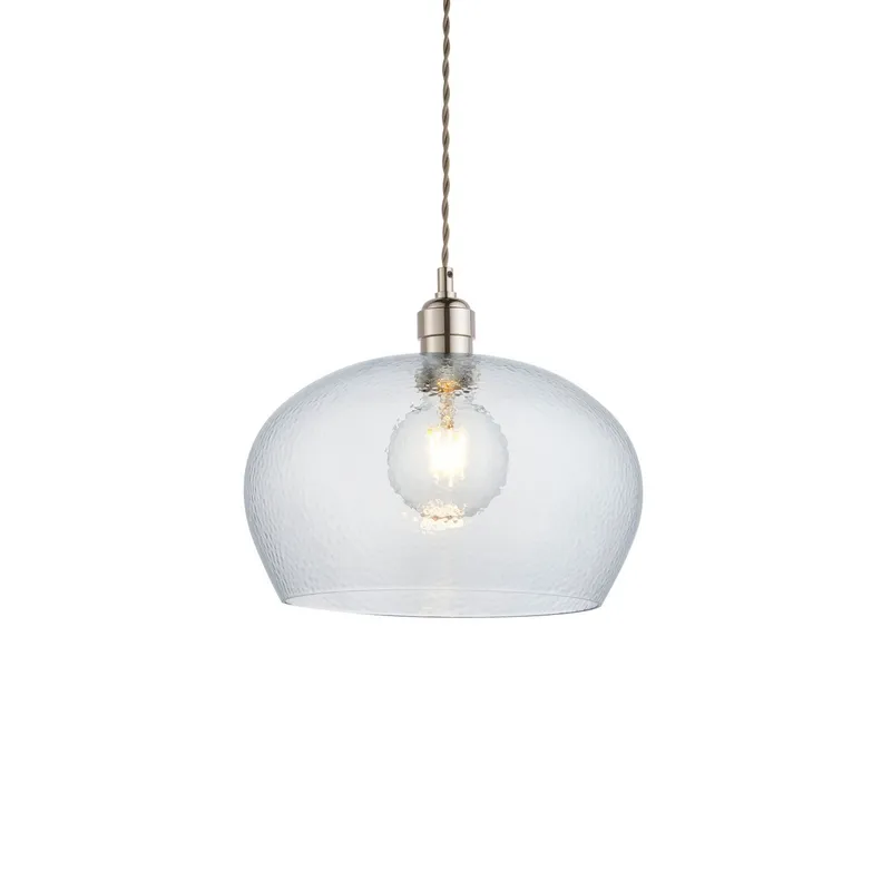 Merano Lighting Livorno Dome Pendant Ceiling Light Bright Nickel Plate, Clear Hammered Glass