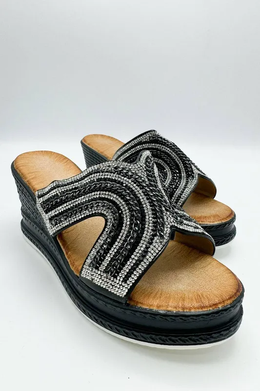 Miss Diva Women's Hestia Diamante Strap Wedge Mules in Black Size: 7 - Black