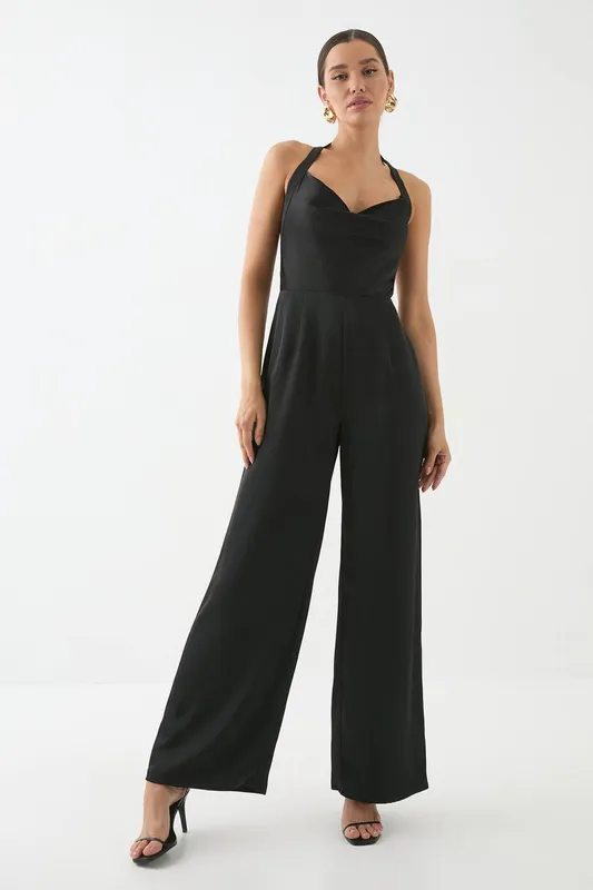 MissPap Women's Satin Cowl Halter Neck Jumpsuit in Black Size: 8 Black 8
