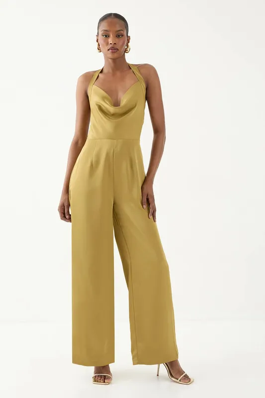 MissPap Women's Satin Cowl Halter Neck Jumpsuit in Green Size: 8 Green 8