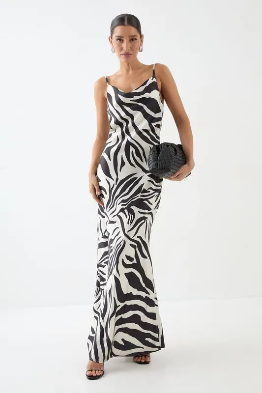 Misspap Women's Zebra Printed Satin Bias Maxi Dress Size: 12 Zebra female