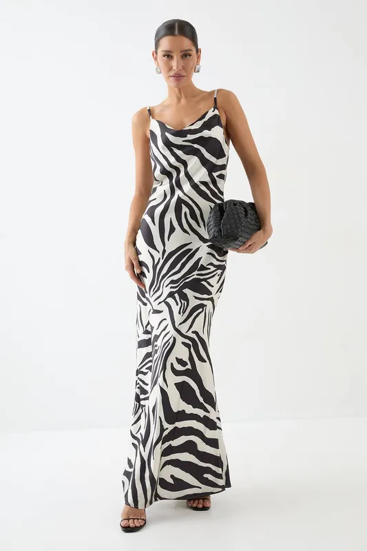 MissPap Women's Zebra Printed Satin Bias Maxi Dress Size: 14 Zebra