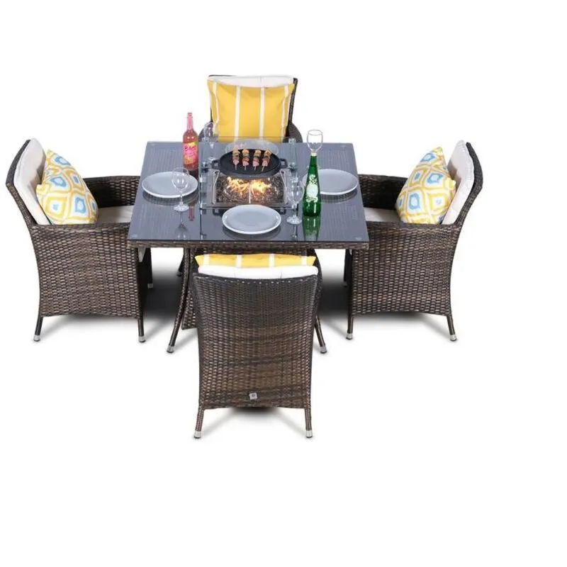Modern Furniture Direct Savannah Fire Pit 4 Seater Square Rattan Dining Set - Brown
