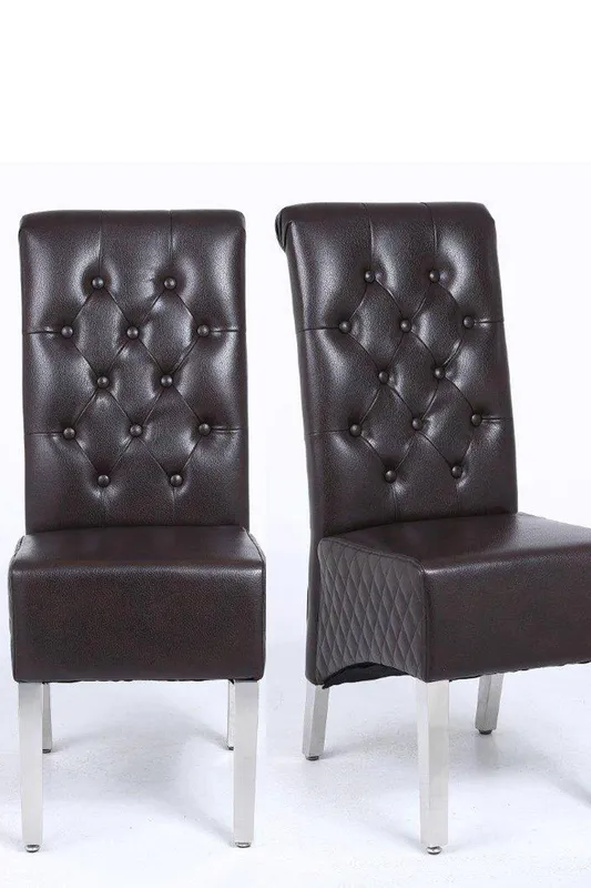 Modernique A Pair (x2) Leather Aire High Back Dining Chairs with Chrome Legs in Brown - Brown - Size: One Size