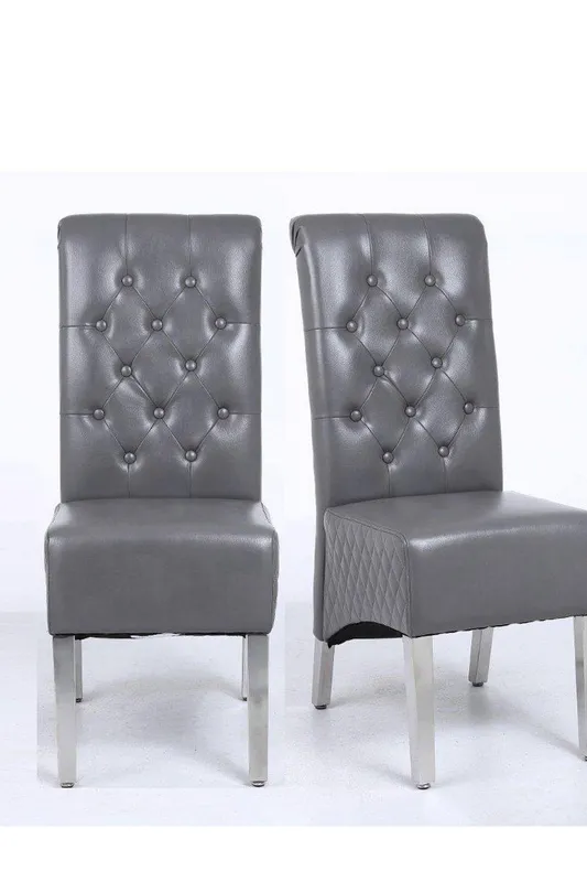 Modernique A Pair (x2) Leather Aire High Back Dining Chairs with Chrome Legs in Grey - Grey