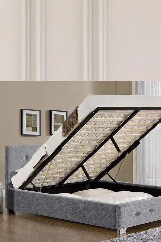 Modernique Fabric Ottoman Storage Bed with High Headboard, Gas Lift Up Base in Grey Size: King Grey King