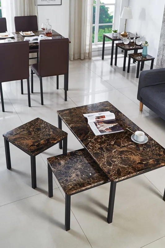 Modernique Unisex Gloss Finish Mdf Marble Effect Top Coffee Table w/ x2 Side Tables Set in Brown Brown female