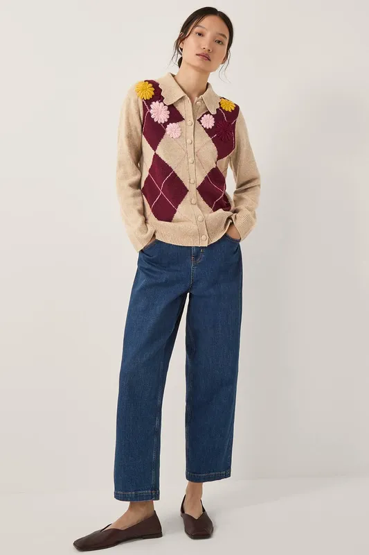 Monsoon Women's Ami Floral Argyle Collar Cardigan Natural Size: Large Natural