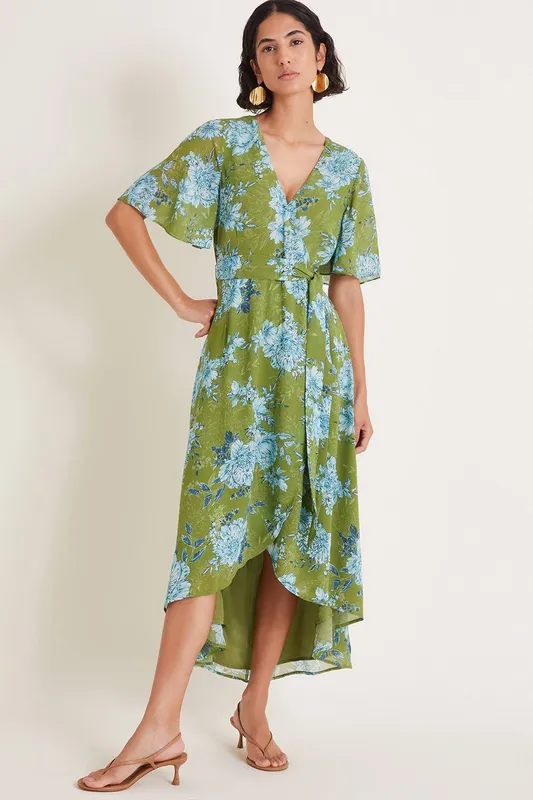 Monsoon Women's Eva Floral Wrap Midi Dress Green Size: 8 Green 8