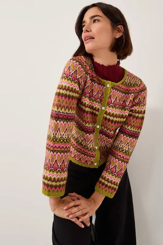 Monsoon Women's Fiona Fair Isle Cardigan in Pink Size: Medium Pink M female