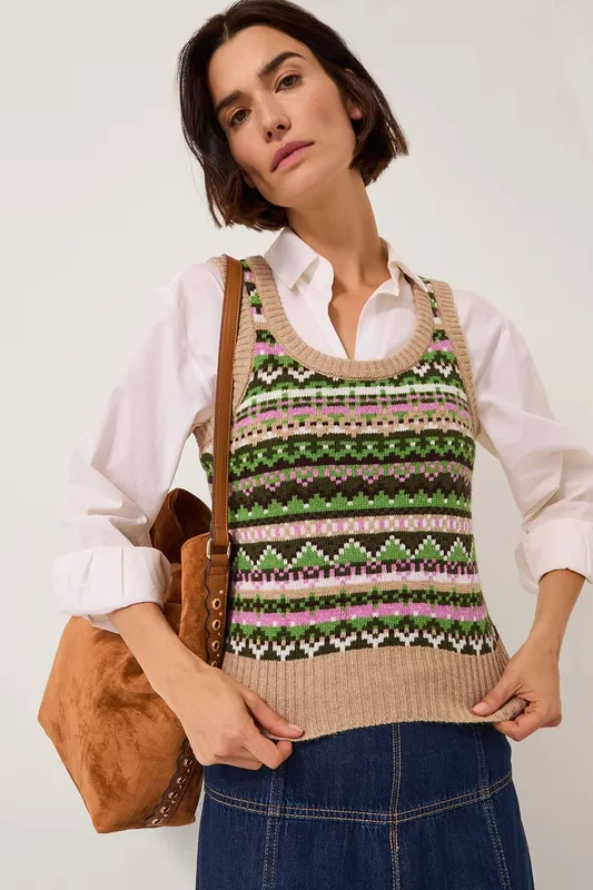 Monsoon Women's Fira Fair Isle Knitted Tank Top Green Size: Large Green L