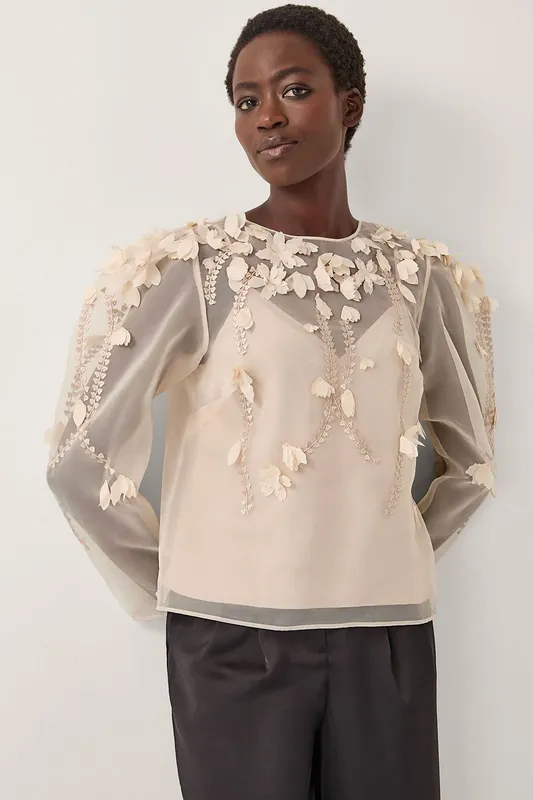 Monsoon Women's Gwen Floral Organza Top Cream Size: 14 Cream 14