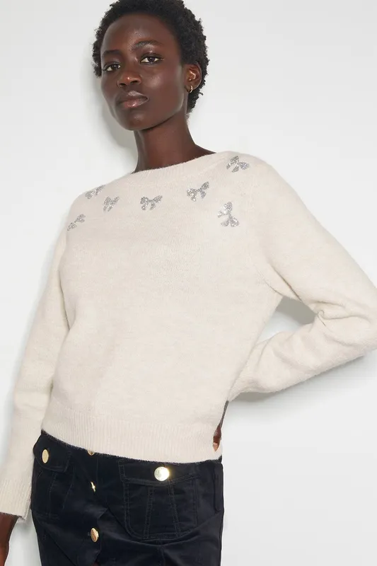 Monsoon Women's Mal Glitter Bow Jumper in Ivory Size: XL Ivory female