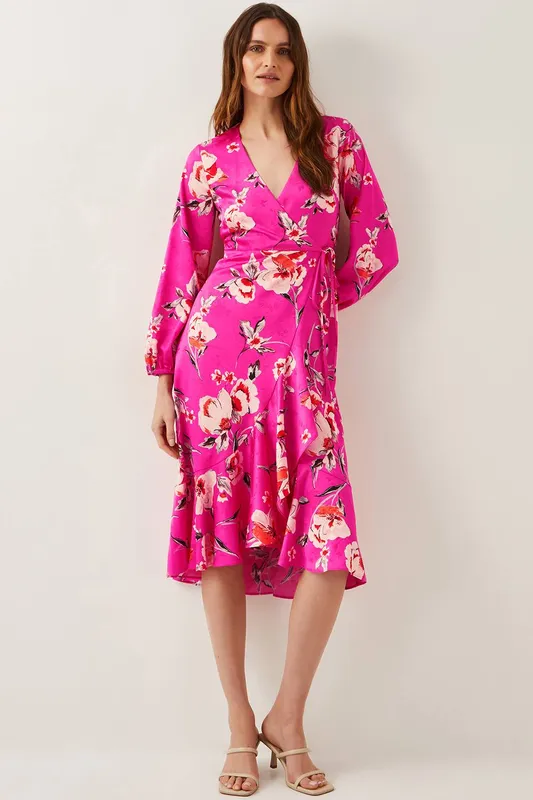 Monsoon Women's Meredith Floral Midi Wrap Dress Pink Size: 12 - Pink