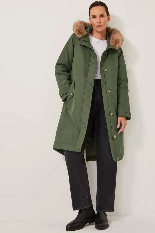 Monsoon Women's Paula Faux Fur Parka Coat Green Size: XL Green