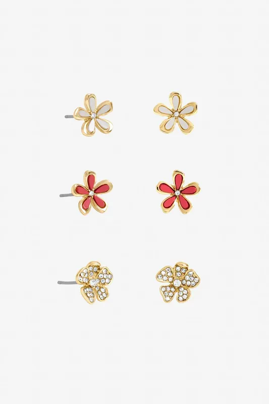 Mood Women's Gold Plated Floral Earrings - Pack of 3 Gold One Size