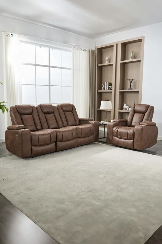 More4Homes Ashton Electric Recliner 1+3 Seater Sofa Set Technology Fabric With Built-In Plugs & Usb-C Charging in Brown Brown