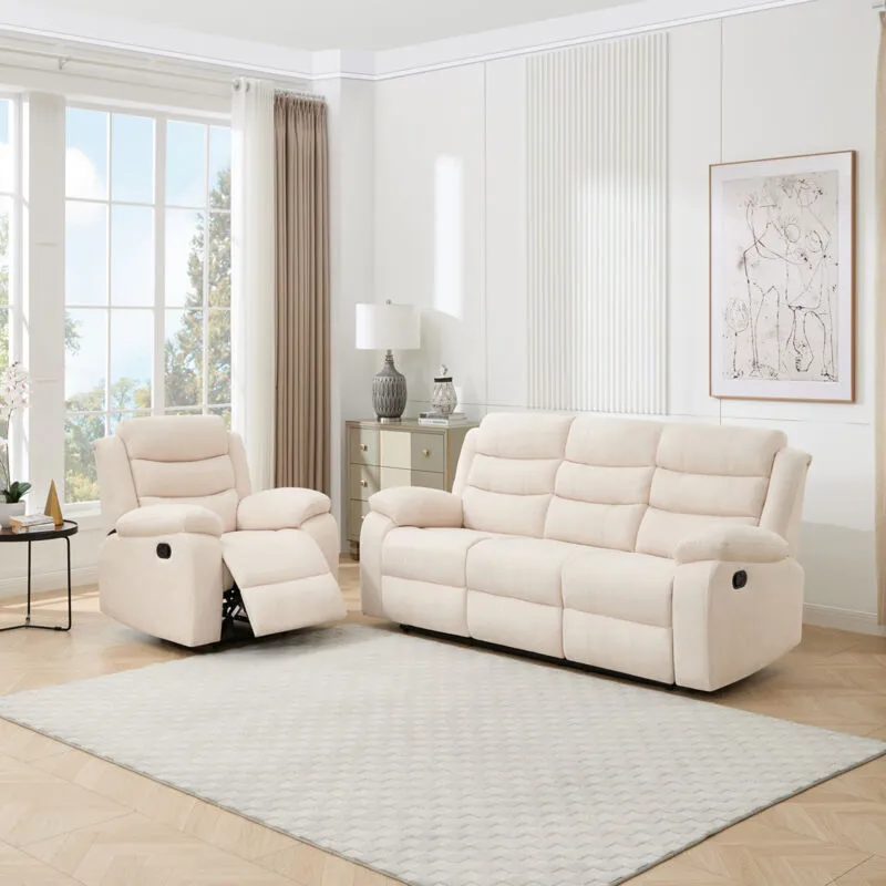 MORE4HOMES Boston 1+3 Seater Manual Fabric Recliner Sofa Set Beige