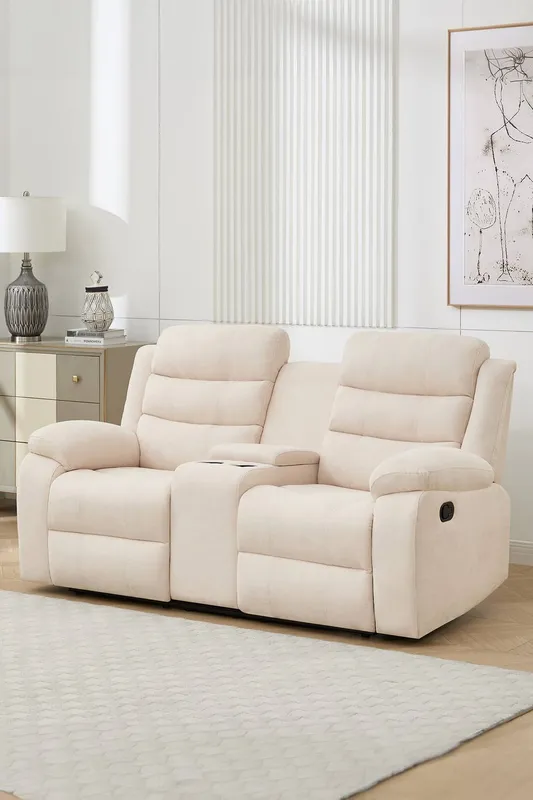 More4Homes Boston 2 Seater Manual Recliner Sofa w Drinks Console in Beige Beige