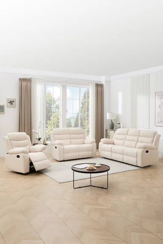More4Homes Boston Manual Recliner Fabric 1+2+3 Seater Sofa Set in Beige Beige
