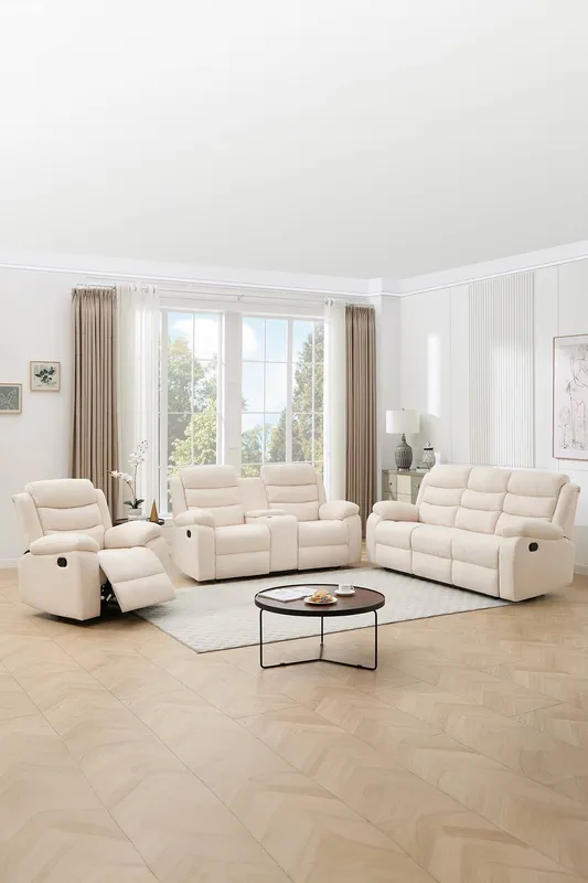 More4Homes Boston Manual Recliner Fabric 1+2+3 Seater Sofa Set w Drinks Console in Beige Beige