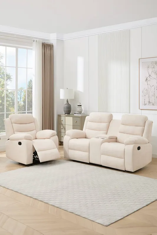 More4Homes Boston Manual Recliner Fabric 1+2 Seater Sofa Set w Drinks Console in Beige Beige