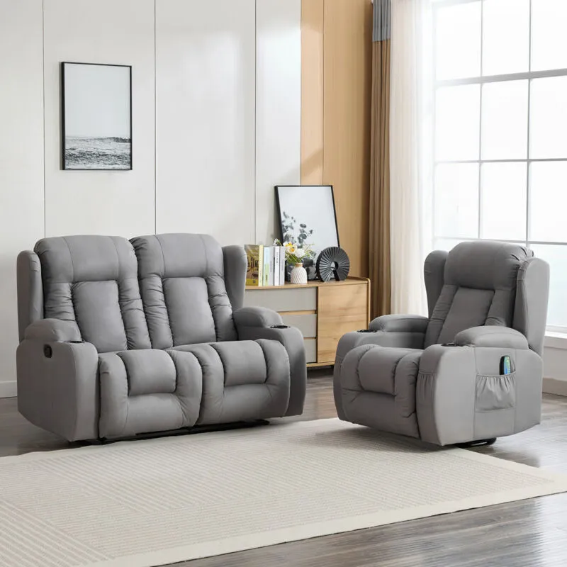 MORE4HOMES Caesar 1+2 Seater Grey Technology Fabric Modern Manual Recliner Sofa Set