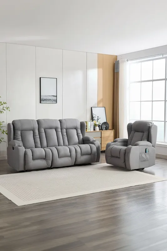 More4Homes Caesar 1+3 Seater Grey Technology Fabric Modern Manual Recliner Sofa Set Grey