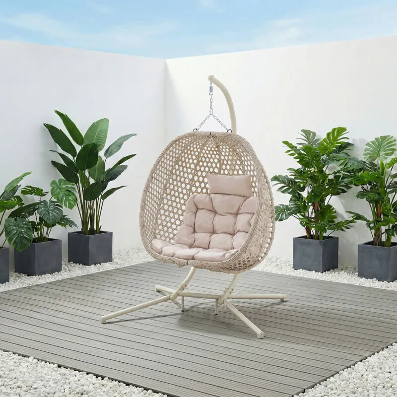 MORE4HOMES Como Garden Egg Chair Outdoor Indoor Folding Rattan Metal Hanging Swinging Chair (Beige)