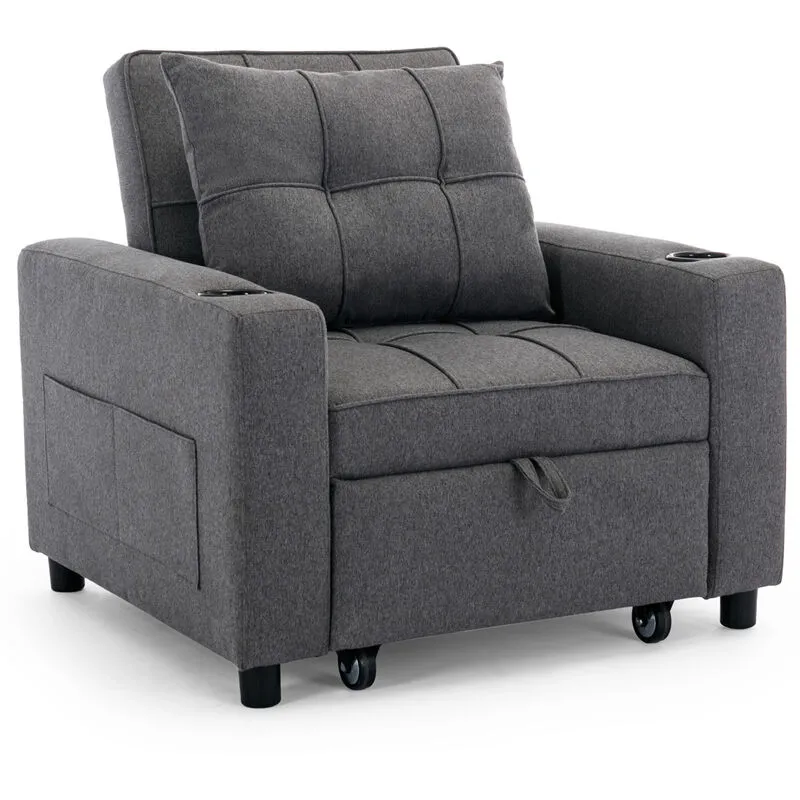 More4homes - hudson sofa bed linen fabric with cup holders grey 1-Seater - Grey