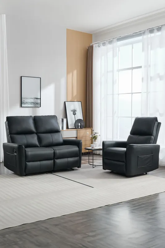 More4Homes Madrid 1+2 Seater Manual Air Leather Recliner Sofa Set in Black Black