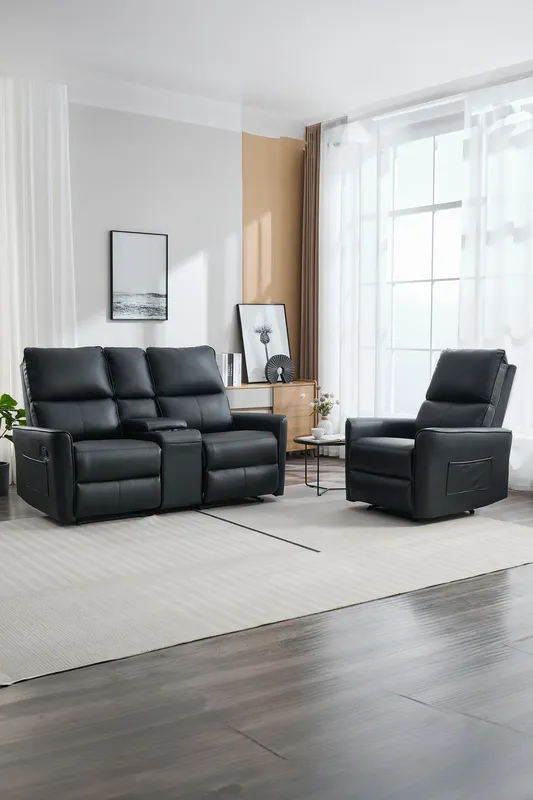 More4Homes Madrid 1+2 Seater W Console Manual Air Leather Recliner Sofa Set in Black Black